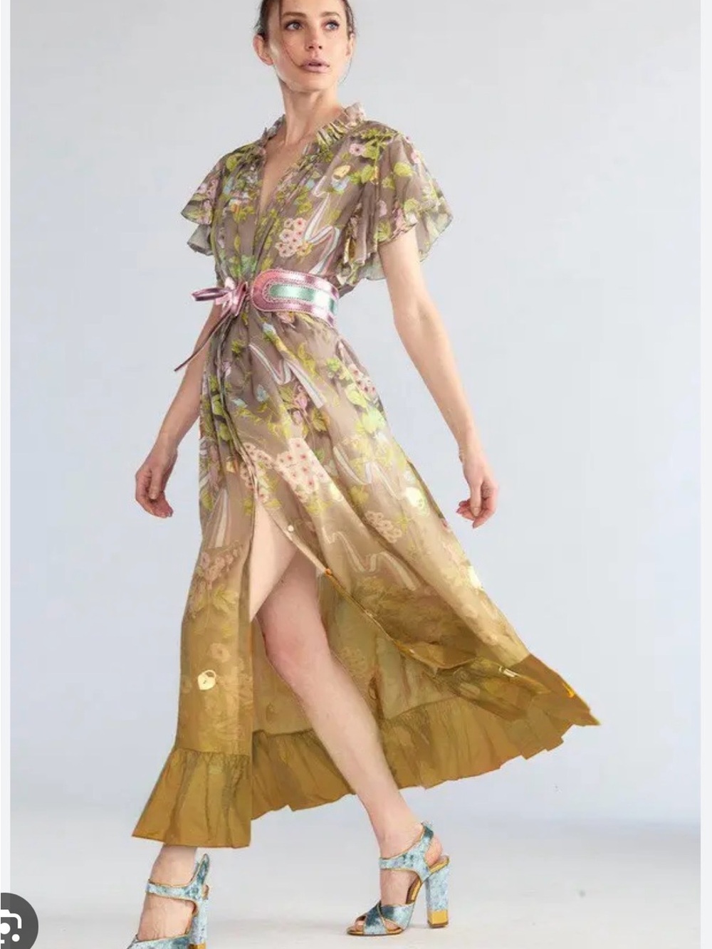 Cynthia Rowley Olive Green Floral Metallic Accent Maxi Dress - Picture 2 of 7